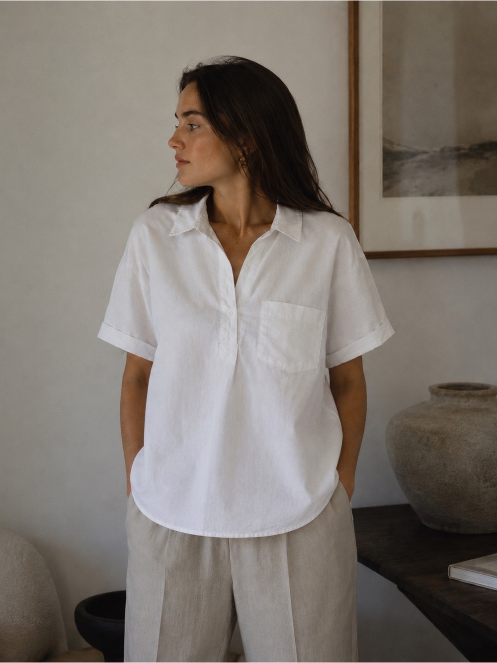 Madewell White Linen Blend Popover Shirt | M | Short Sleeve Button Blouse